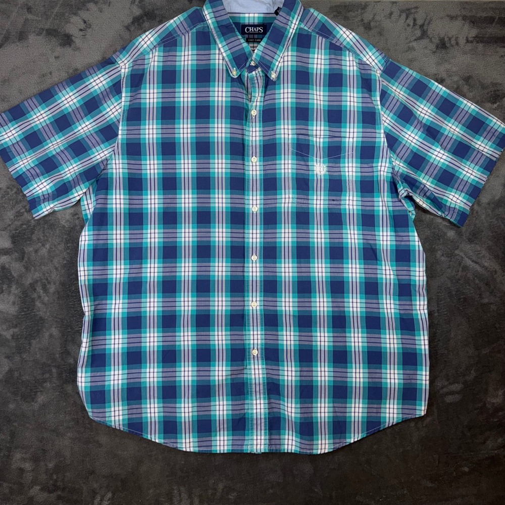 Mens 3XLT Chaps Button Down Shirt Blue Plaid Good Short Sleeve Easy Care Tall